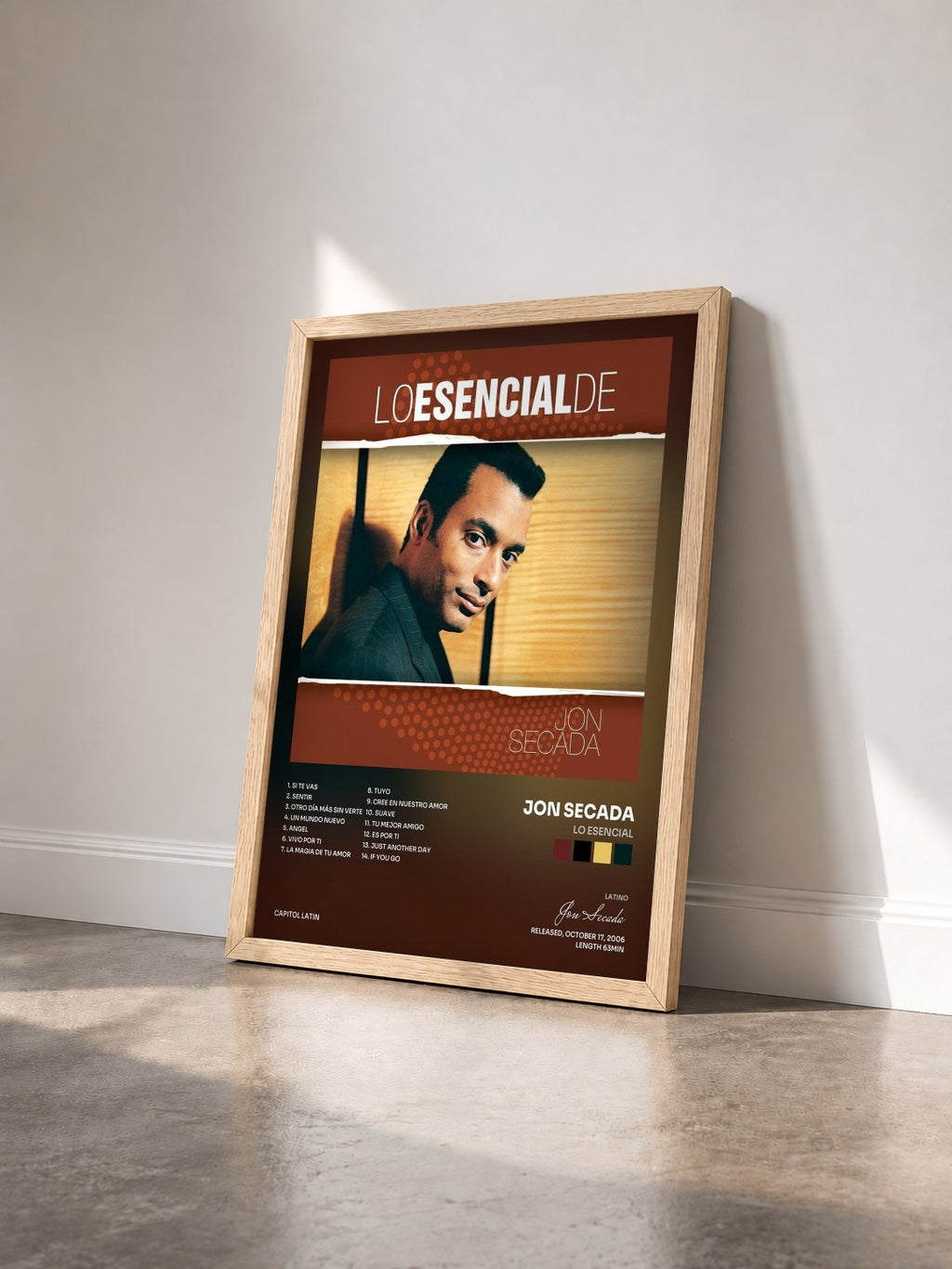 #bois Tableau de l'album Lo Esencial de Jon Secada vu de trois quarts, cadre en bois brut