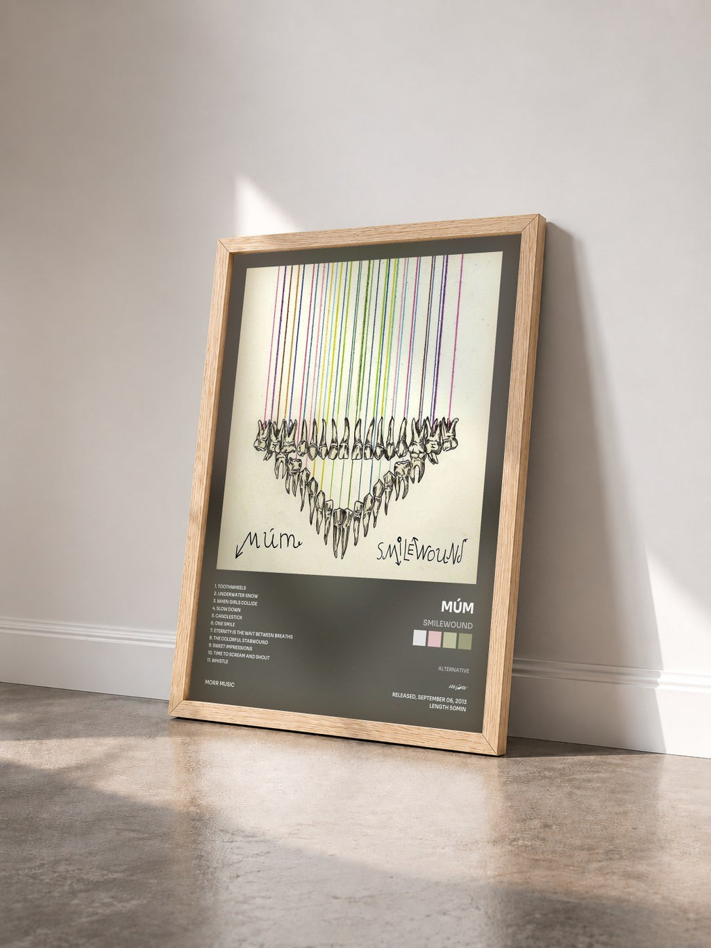 #bois Tableau de l'album Smilewound de múm vu de trois quarts, cadre en bois brut