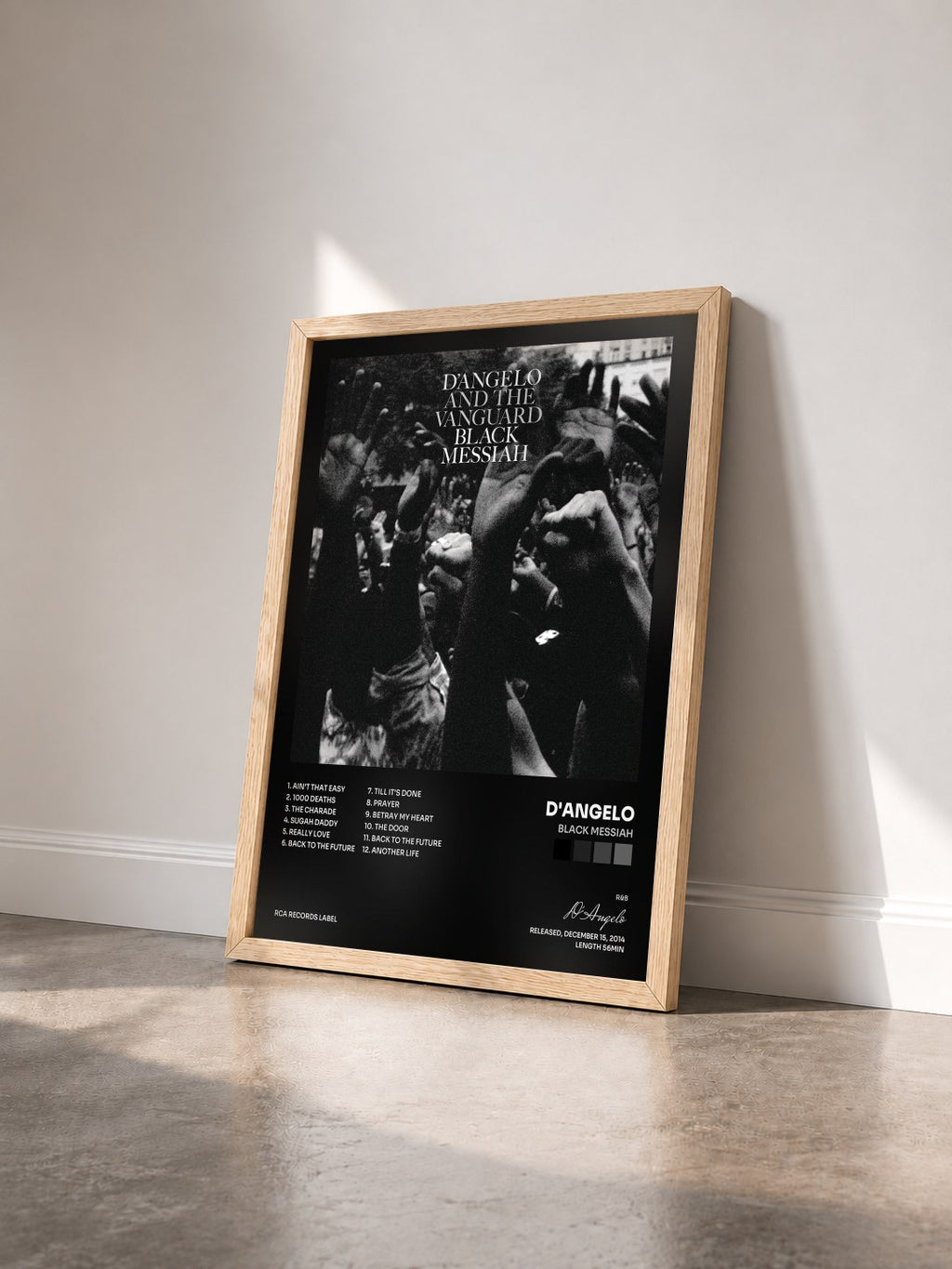 #bois Tableau de l'album Black Messiah de D'Angelo vu de trois quarts, cadre en bois brut