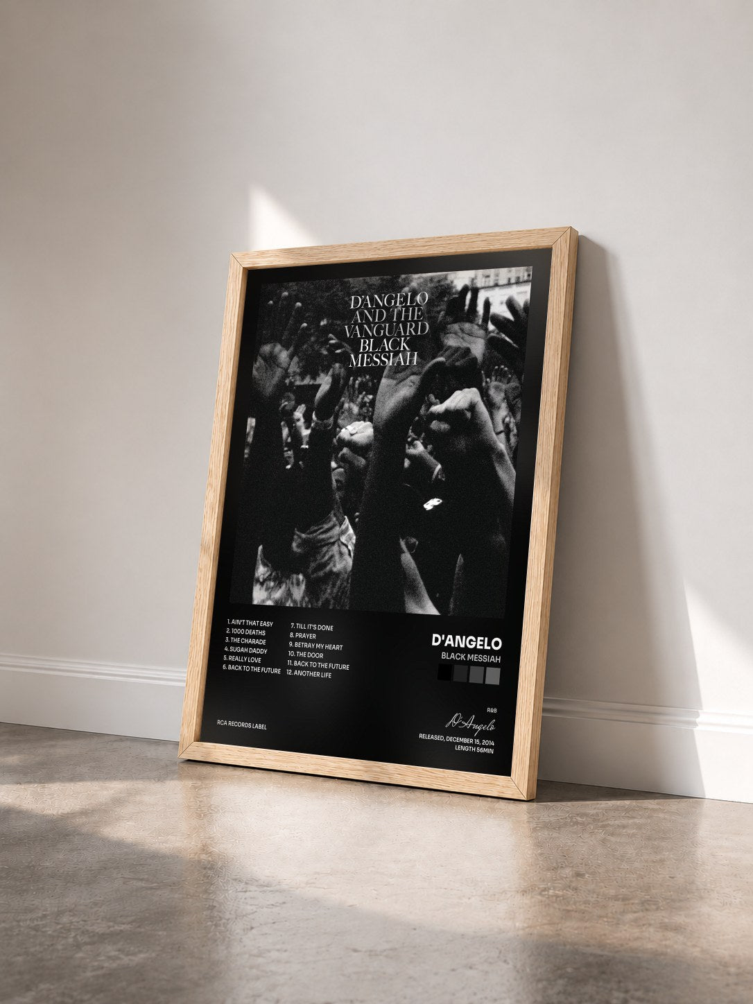 #bois Tableau de l'album Black Messiah de D'Angelo vu de trois quarts, cadre en bois brut