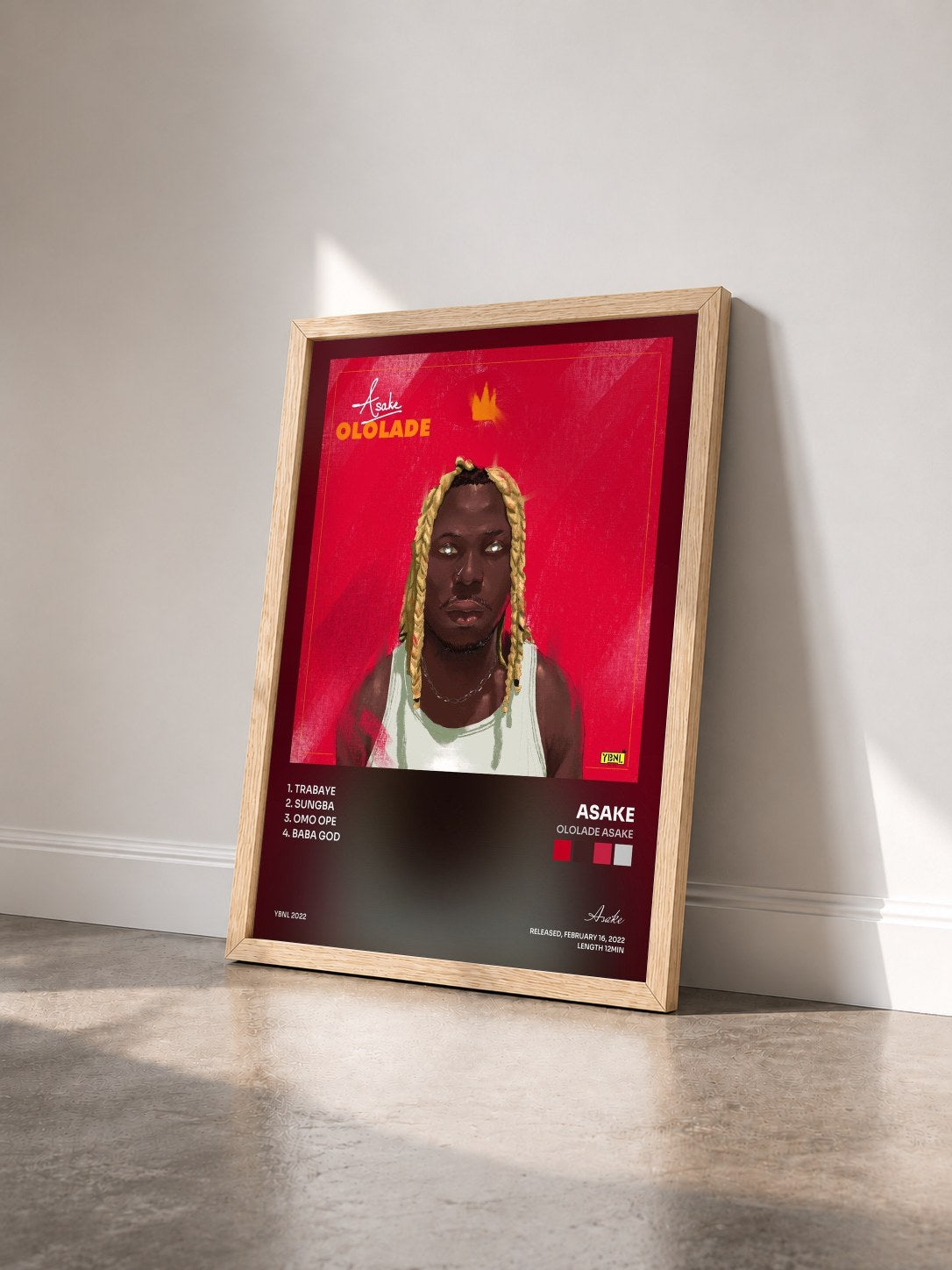 #bois Tableau de l'album Ololade Asake de Asake vu de trois quarts, cadre en bois brut