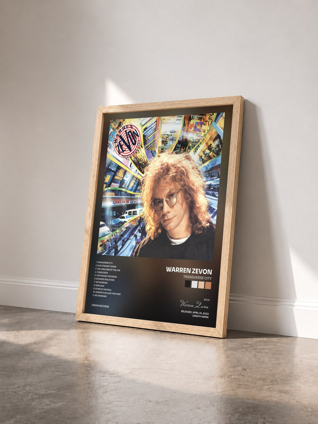 #bois Tableau de l'album Transverse City de Warren Zevon vu de trois quarts, cadre en bois brut