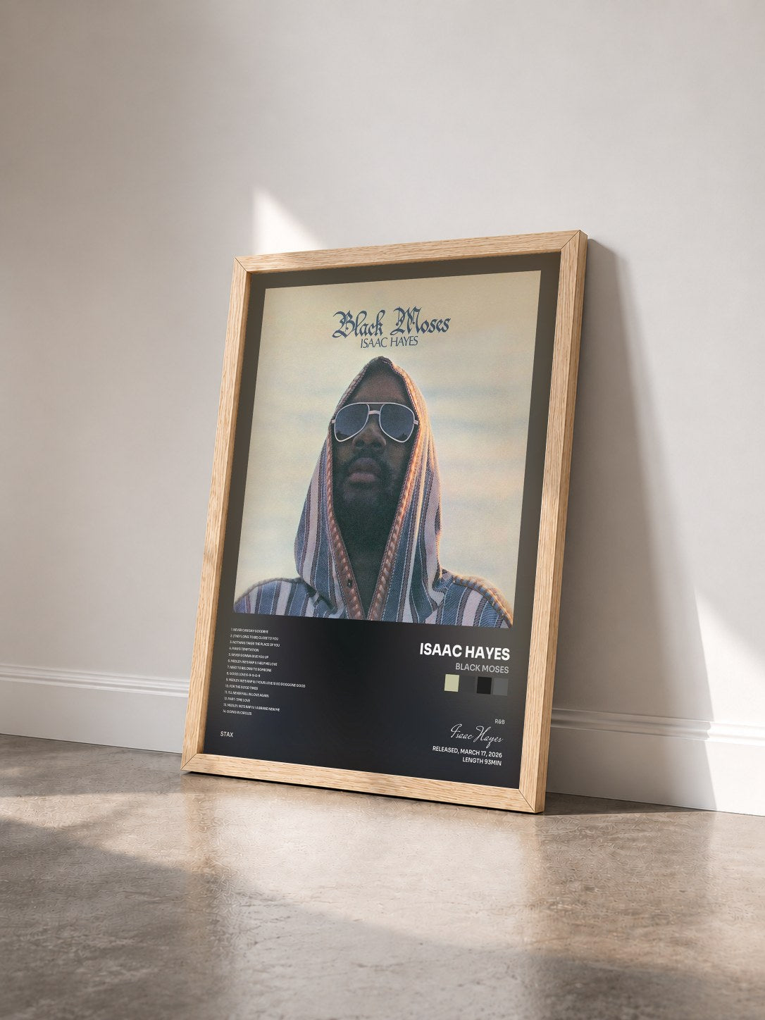 #bois Tableau de l'album Black Moses de Isaac Hayes vu de trois quarts, cadre en bois brut