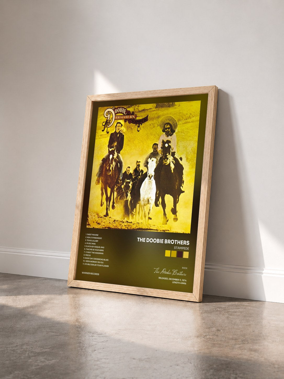 #bois Tableau de l'album Stampede de The Doobie Brothers vu de trois quarts, cadre en bois brut