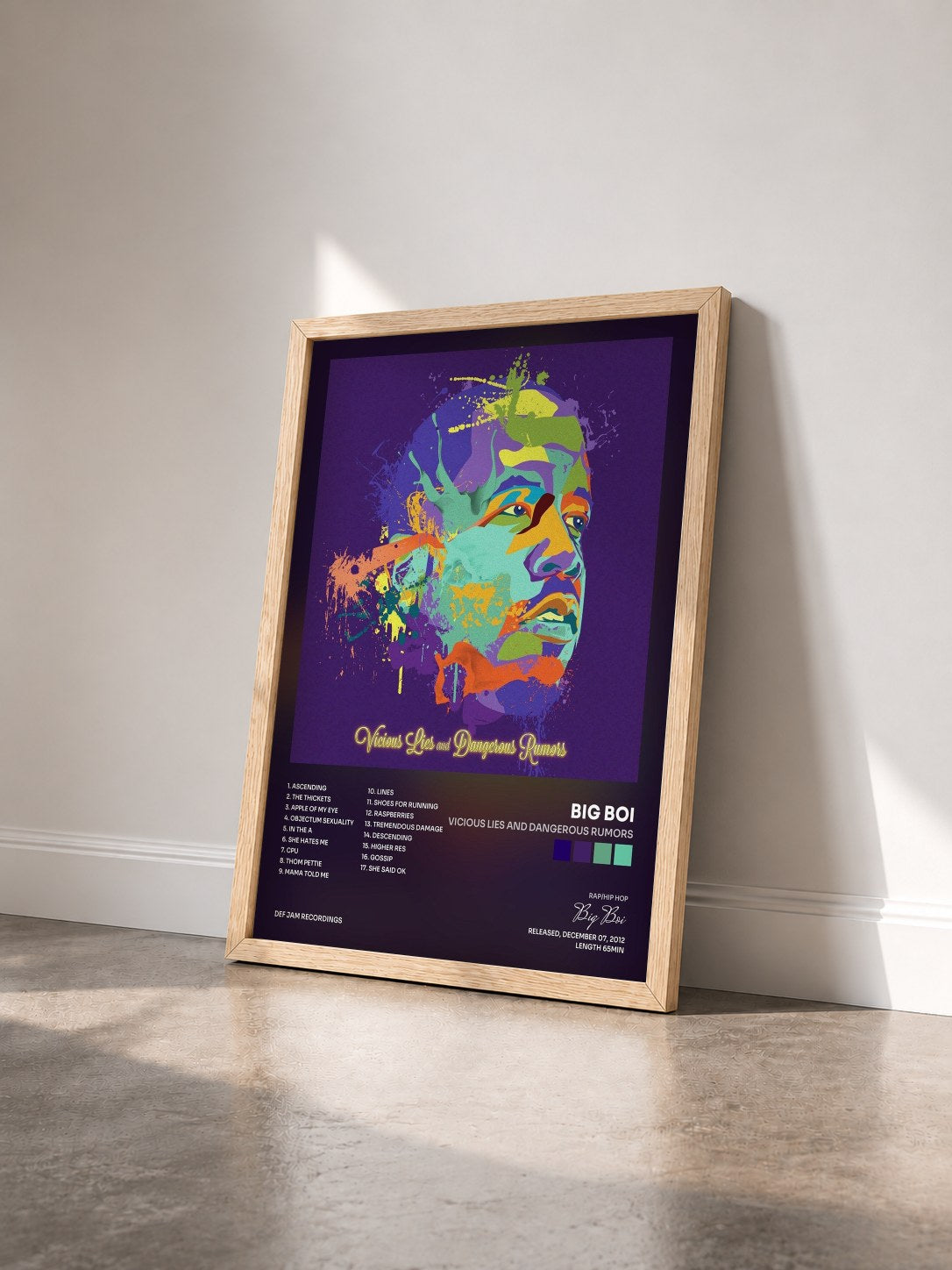 #bois Tableau de l'album Vicious Lies and Dangerous Rumors de Big Boi vu de trois quarts, cadre en bois brut