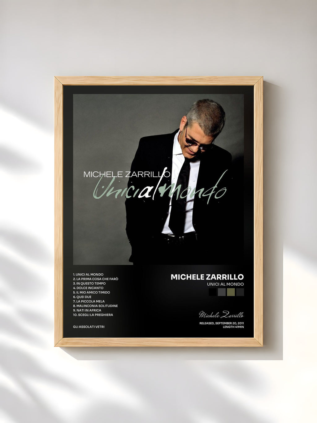#bois Tableau de l'album Unici Al Mondo de Michele Zarrillo, cadre en bois brut, imprimé et encadré en France