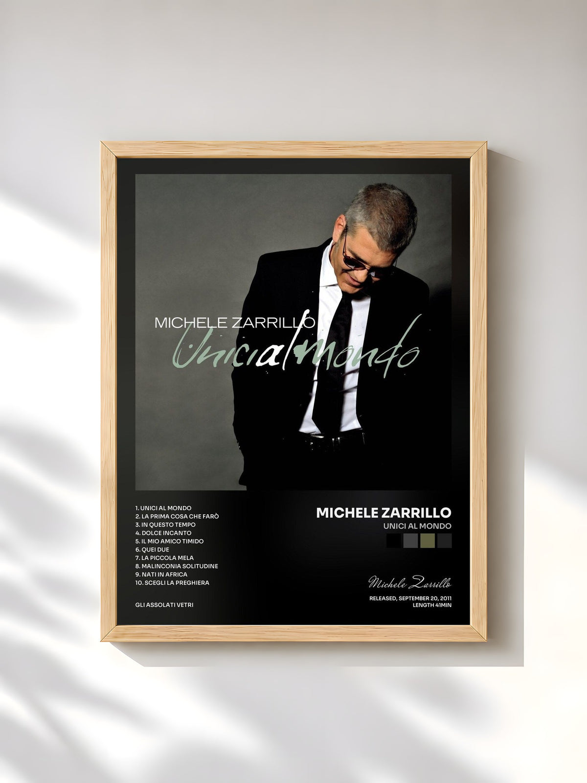 #bois Tableau de l'album Unici Al Mondo de Michele Zarrillo, cadre en bois brut, imprimé et encadré en France