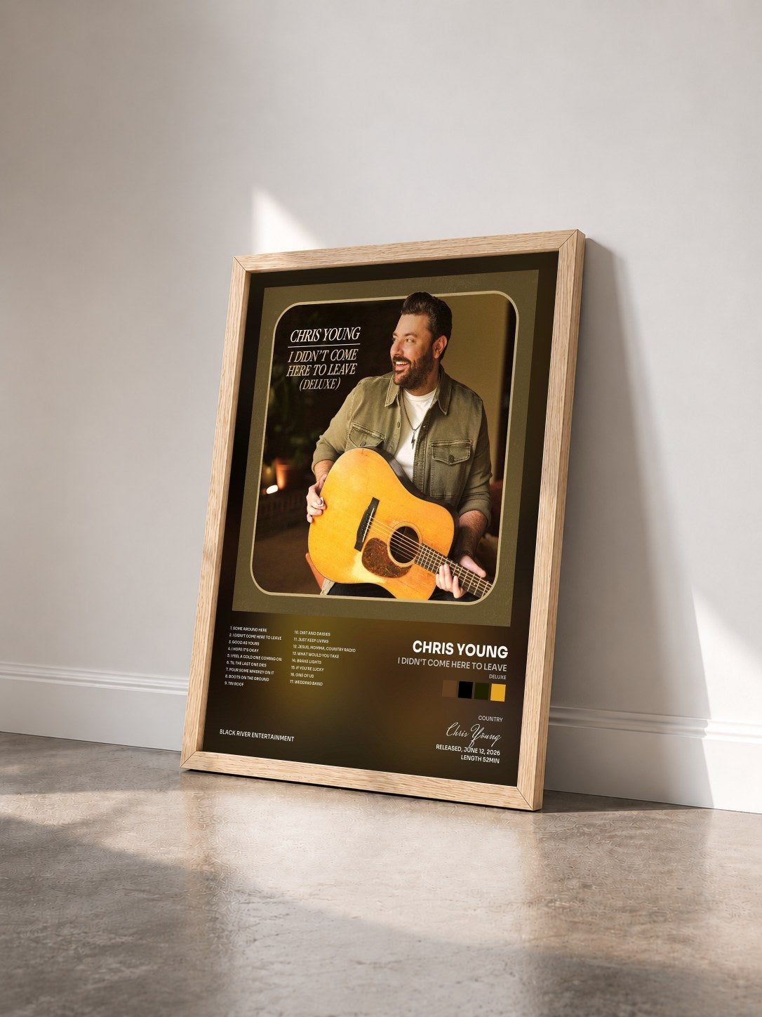 #bois Tableau de l'album I Didn't Come Here To Leave (Deluxe) de Chris Young vu de trois quarts, cadre en bois brut