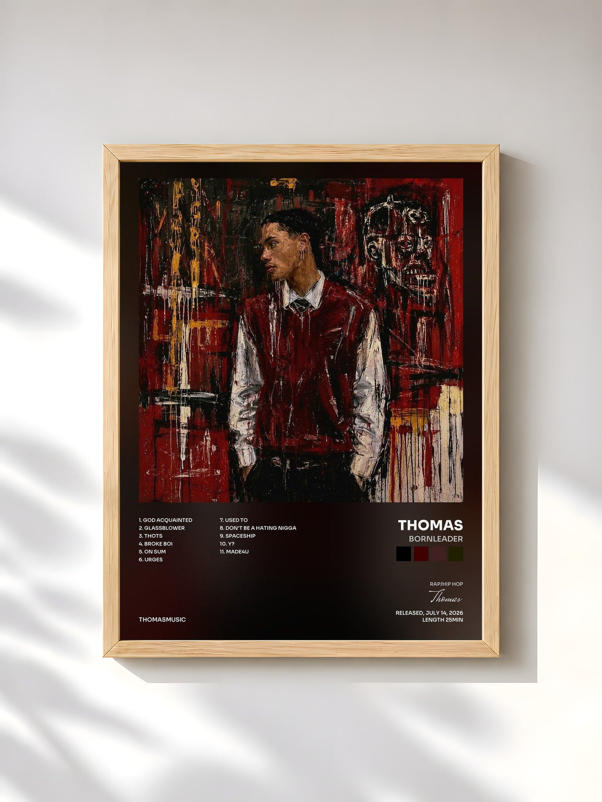 #bois Tableau de l'album BornLeader de Thomas, cadre en bois brut, imprimé et encadré en France
