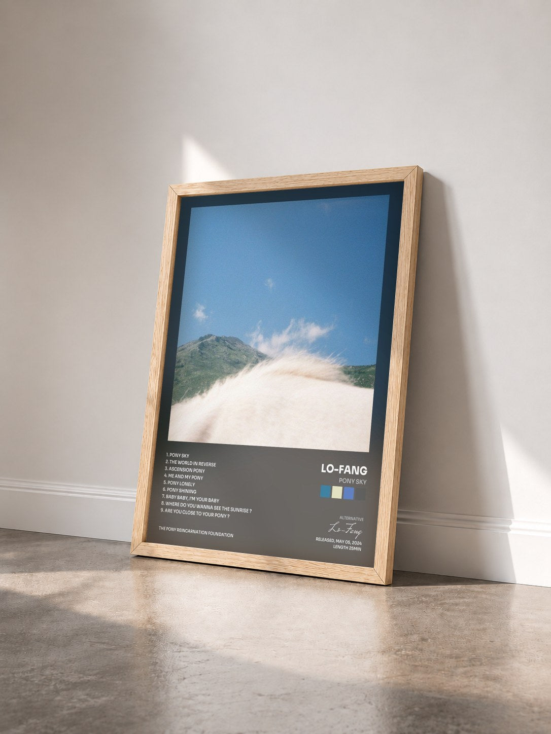 #bois Tableau de l'album Pony Sky de Lo-Fang vu de trois quarts, cadre en bois brut