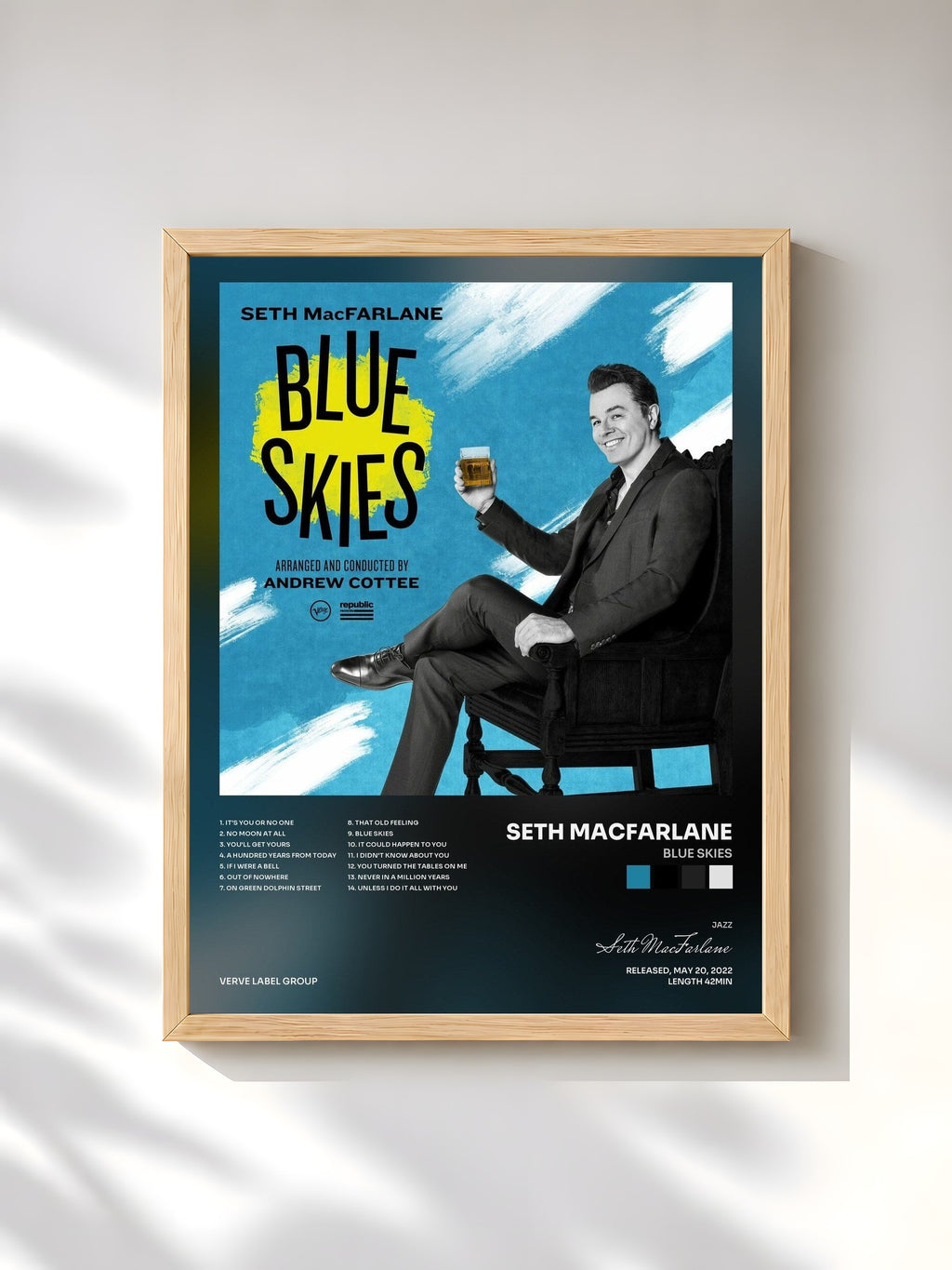 #bois Tableau de l'album Blue Skies de Seth MacFarlane, cadre en bois brut, imprimé et encadré en France