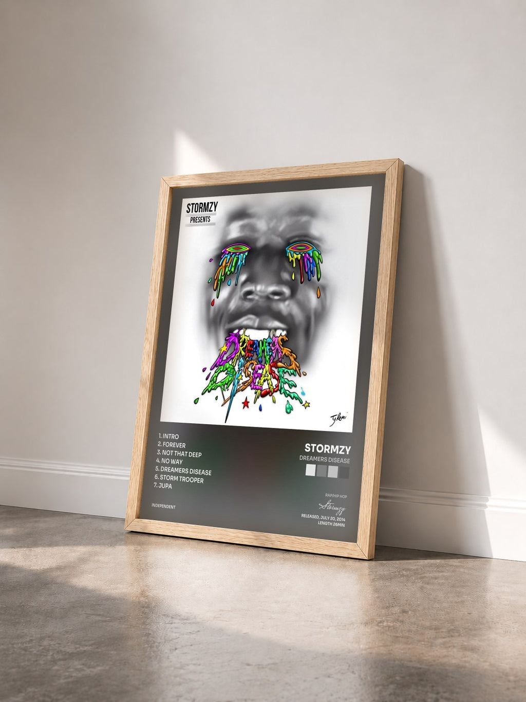 #bois Tableau de l'album Dreamers Disease de Stormzy vu de trois quarts, cadre en bois brut