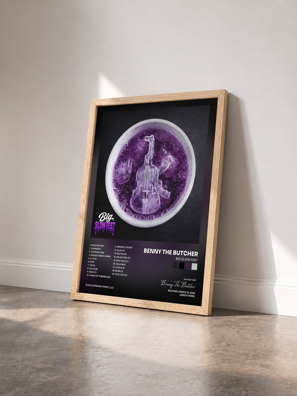#bois Tableau de l'album Big Slow Fest de Benny The Butcher vu de trois quarts, cadre en bois brut