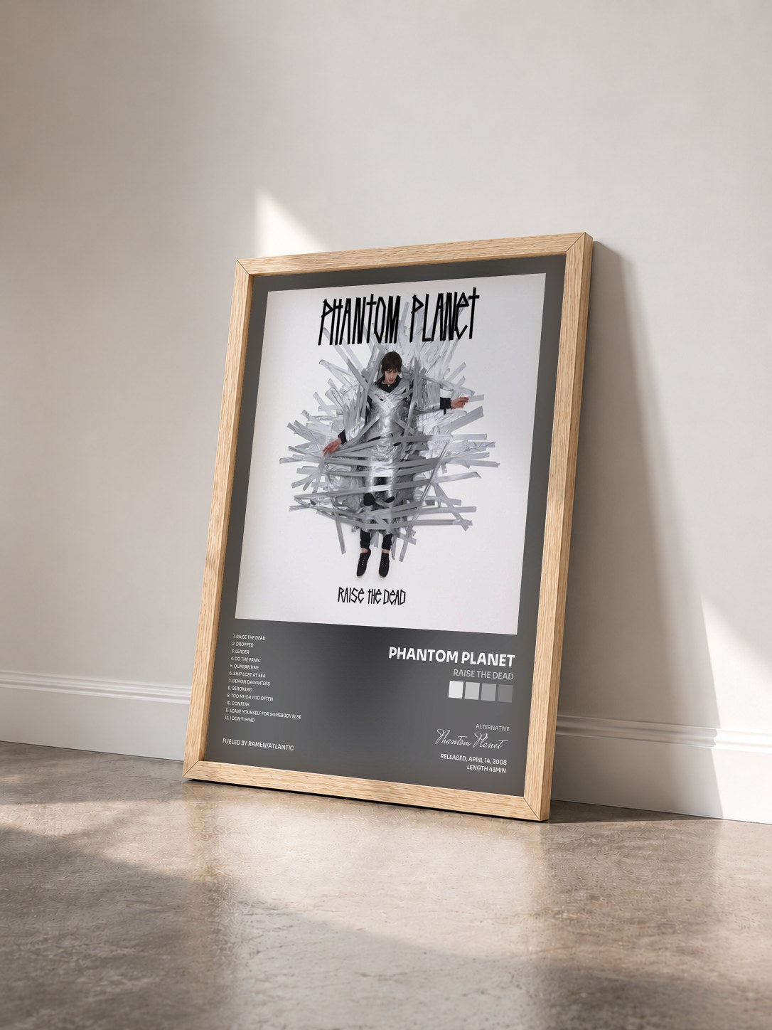 #bois Tableau de l'album Raise The Dead de Phantom Planet vu de trois quarts, cadre en bois brut