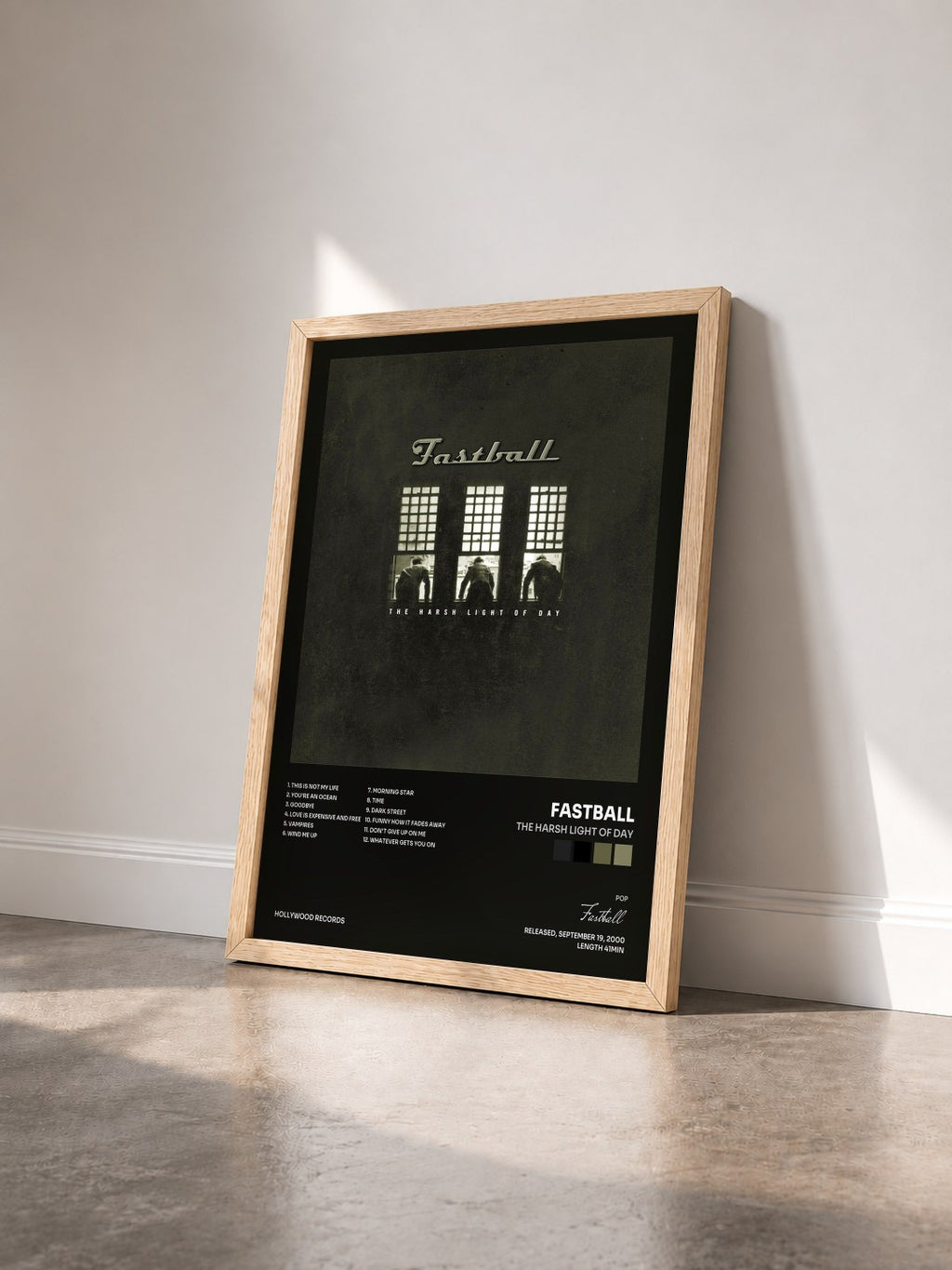 #bois Tableau de l'album The Harsh Light Of Day de Fastball vu de trois quarts, cadre en bois brut