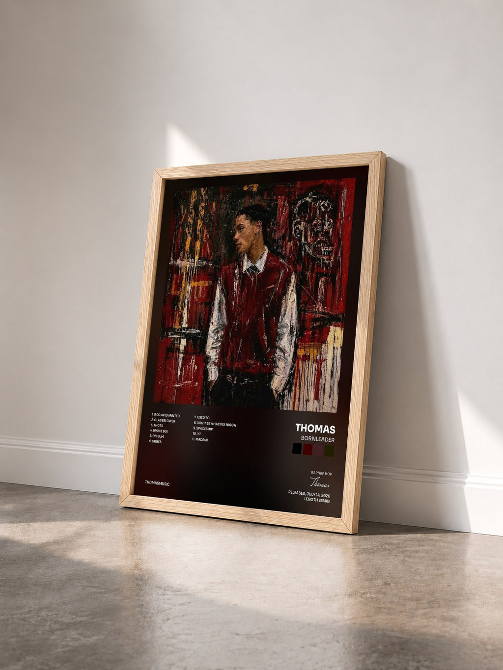 #bois Tableau de l'album BornLeader de Thomas vu de trois quarts, cadre en bois brut