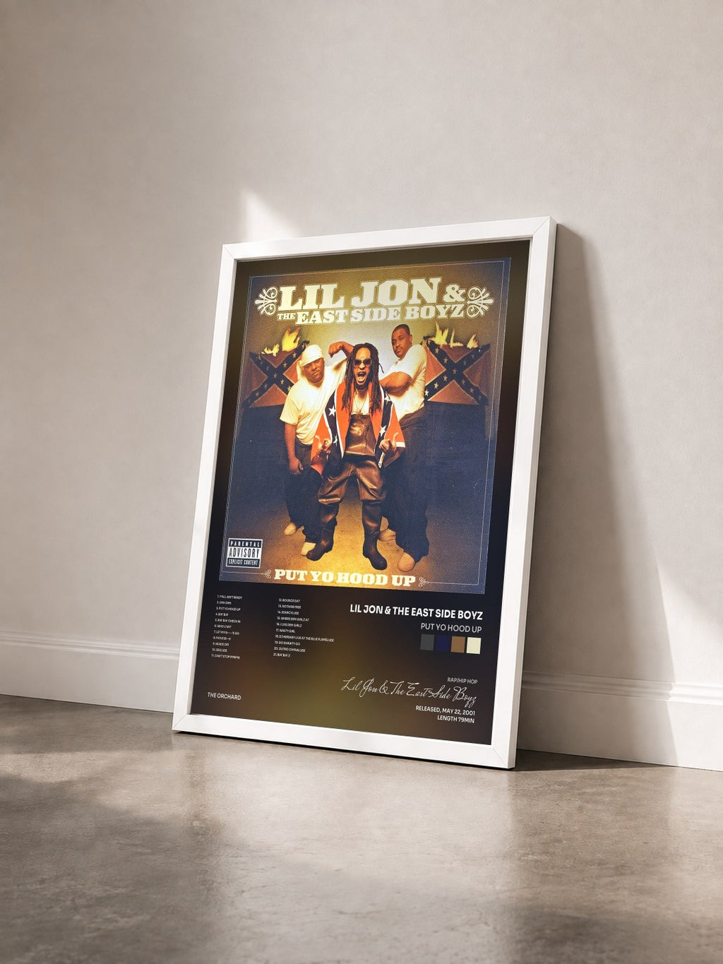 #blanc Tableau de l'album Put Yo Hood Up de Lil Jon & The East Side Boyz vu de trois quarts, cadre blanc