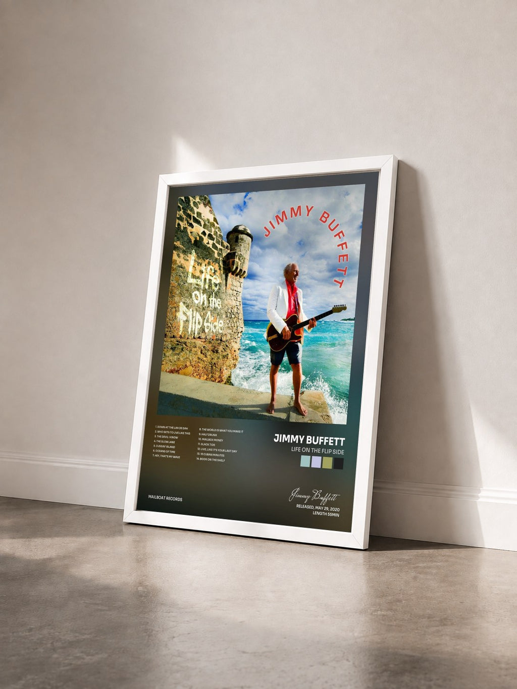 #blanc Tableau de l'album Life On the Flip Side de Jimmy Buffett vu de trois quarts, cadre blanc