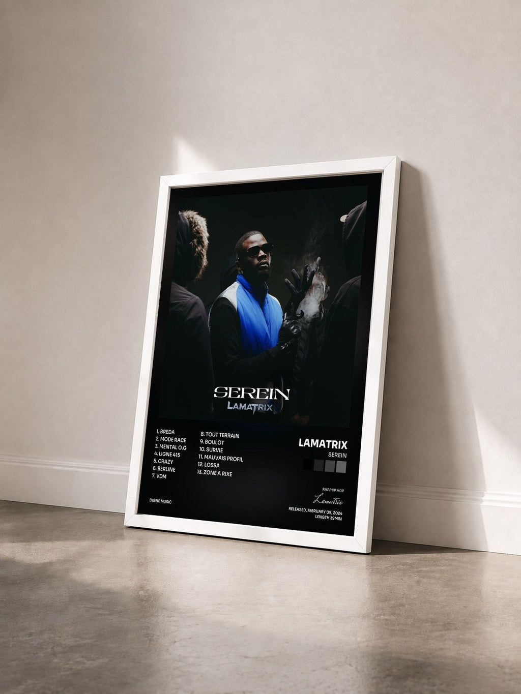 #blanc Tableau de l'album SEREIN de Lamatrix vu de trois quarts, cadre blanc