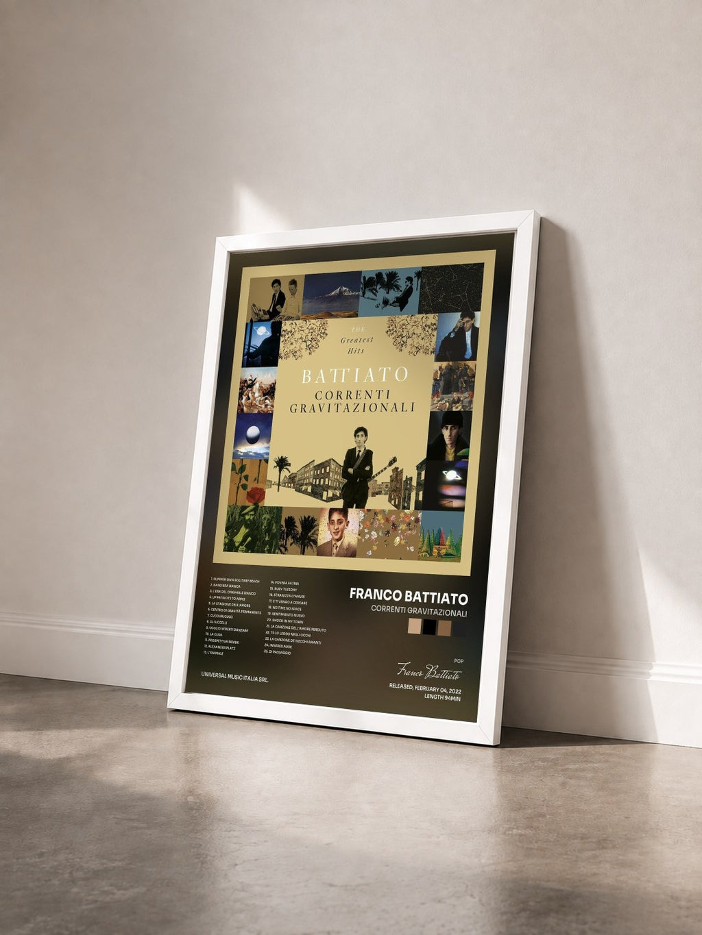 #blanc Tableau de l'album Correnti Gravitazionali de Franco Battiato vu de trois quarts, cadre blanc