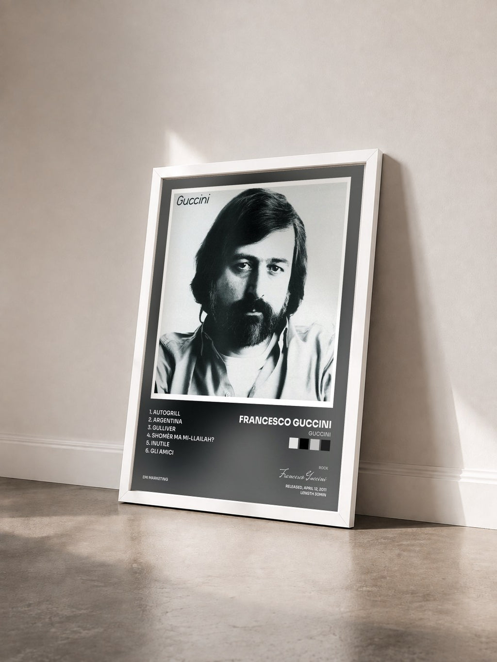 #blanc Tableau de l'album Guccini de Francesco Guccini vu de trois quarts, cadre blanc