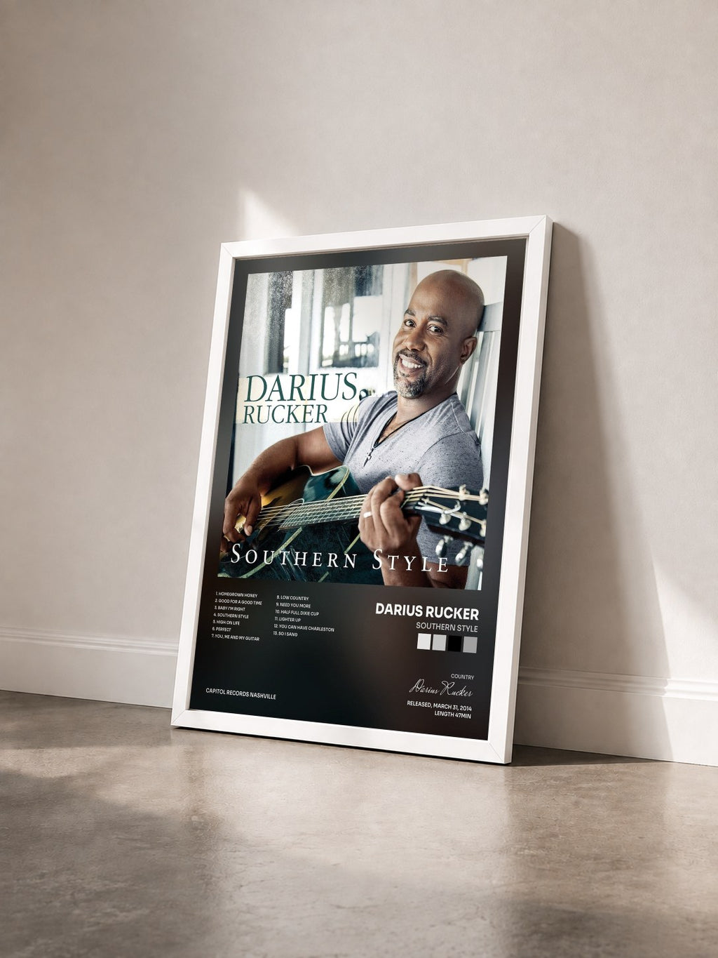 #blanc Tableau de l'album Southern Style de Darius Rucker vu de trois quarts, cadre blanc