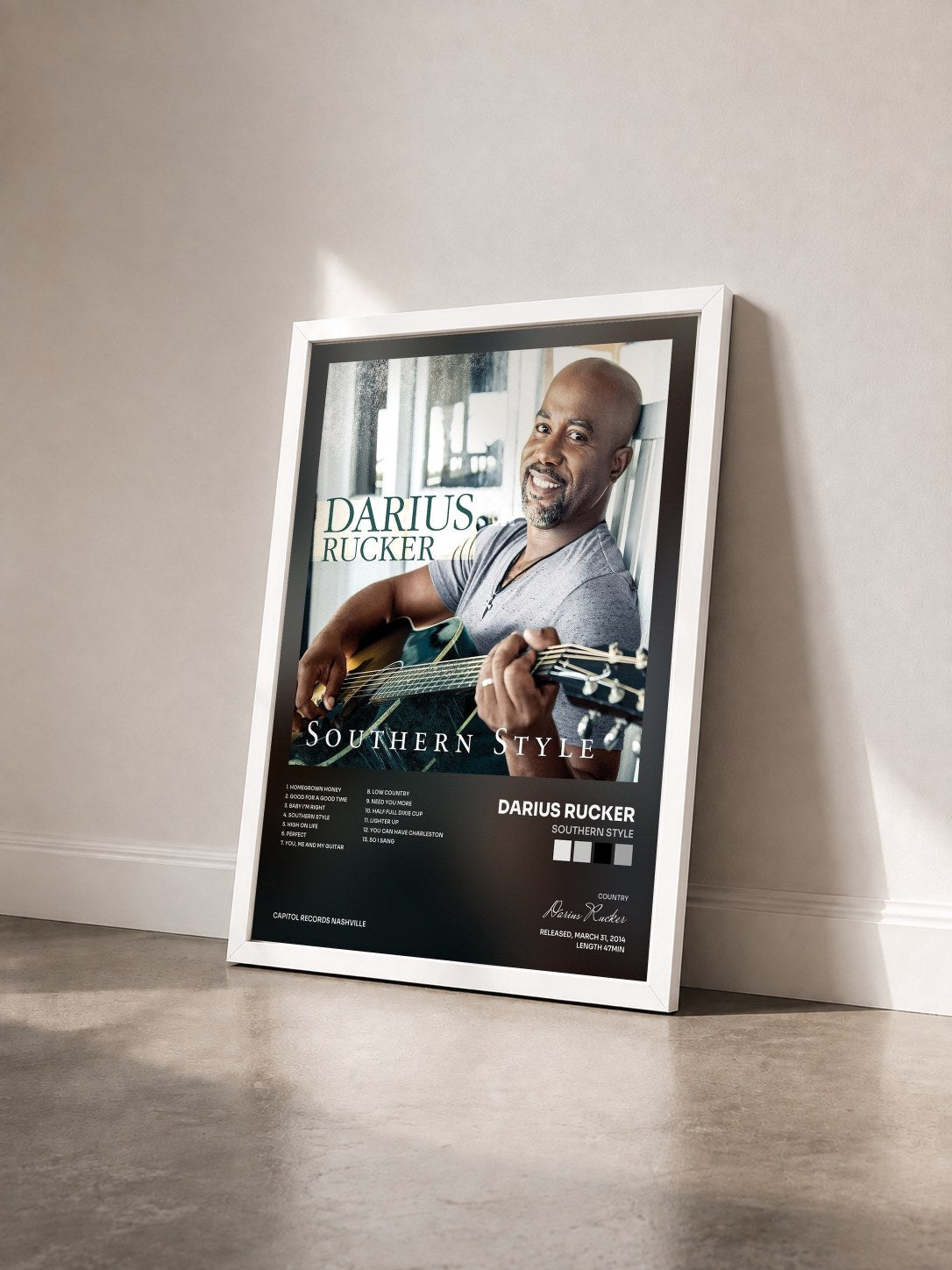 #blanc Tableau de l'album Southern Style de Darius Rucker vu de trois quarts, cadre blanc