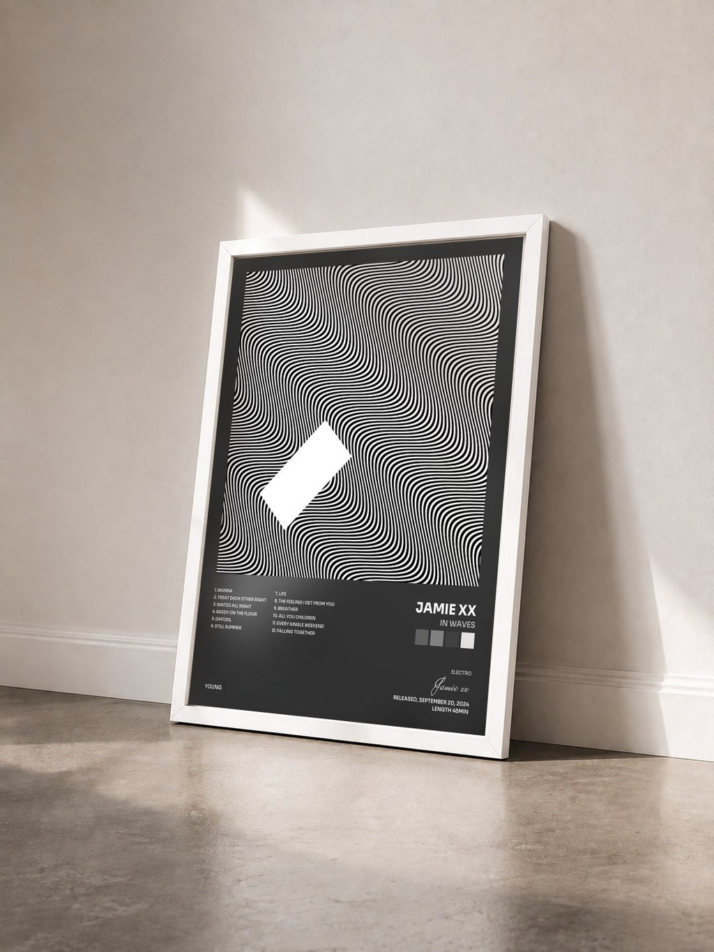 #blanc Tableau de l'album In Waves de Jamie xx vu de trois quarts, cadre blanc