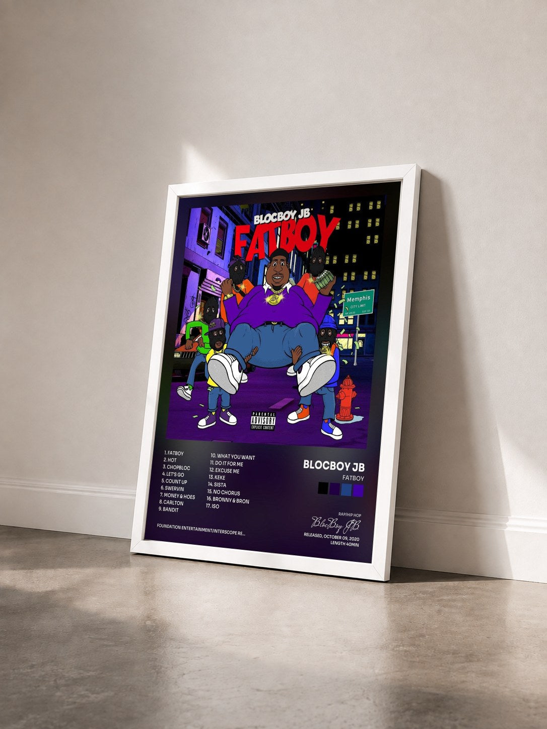 #blanc Tableau de l'album FatBoy de BlocBoy JB vu de trois quarts, cadre blanc