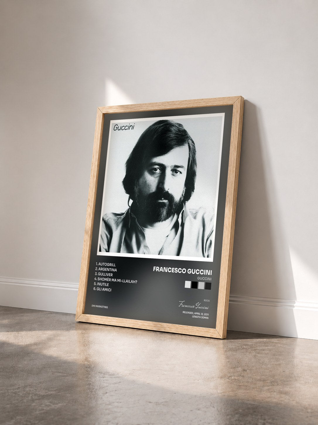 #bois Tableau de l'album Guccini de Francesco Guccini vu de trois quarts, cadre en bois brut