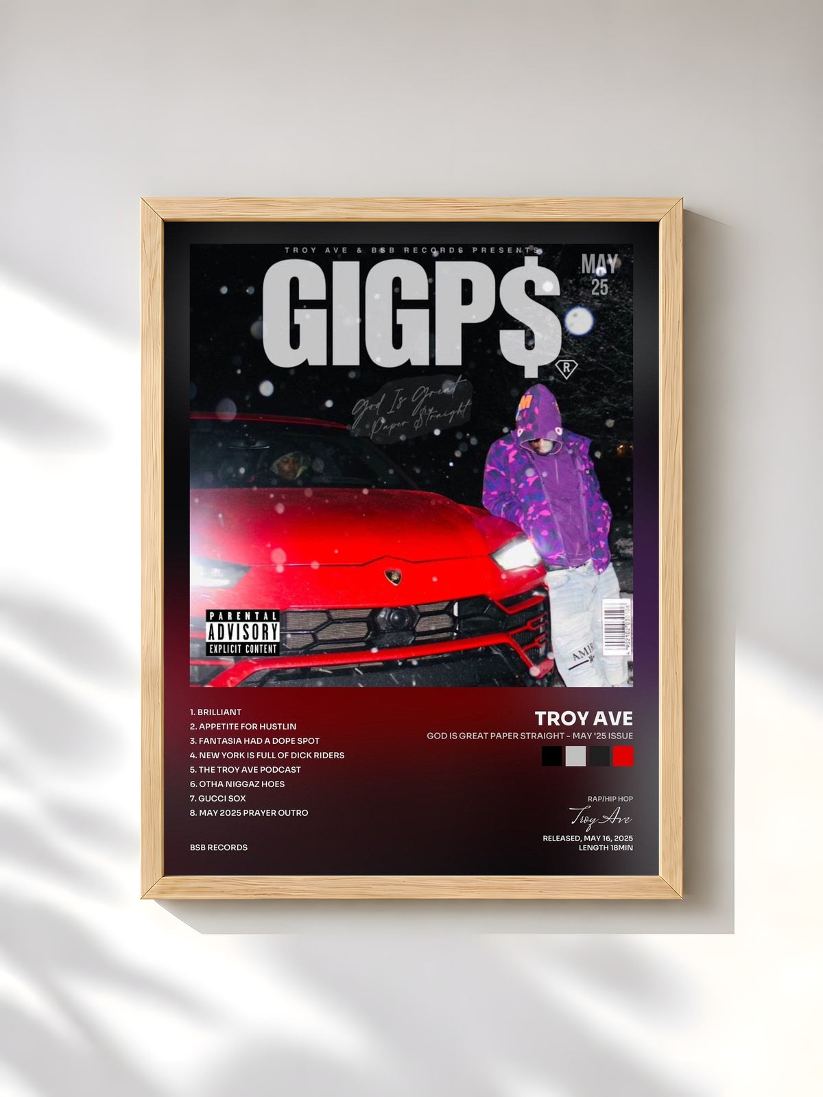 #bois Tableau de l'album GOD IS GREAT PAPER STRAIGHT - MAY '25 ISSUE de Troy Ave, cadre en bois brut, imprimé et encadré en France