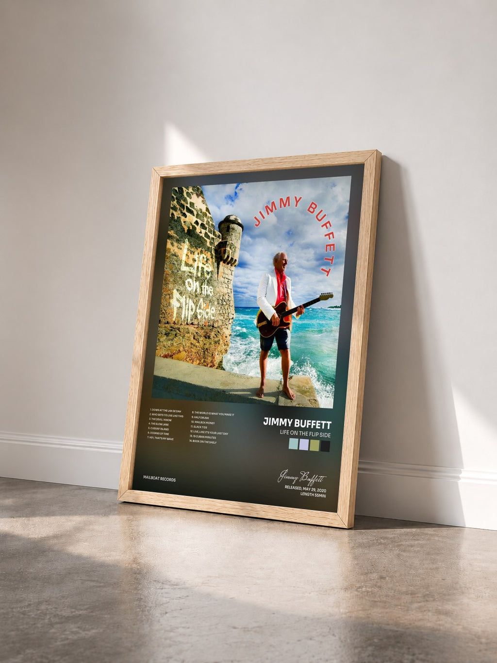 #bois Tableau de l'album Life On the Flip Side de Jimmy Buffett vu de trois quarts, cadre en bois brut