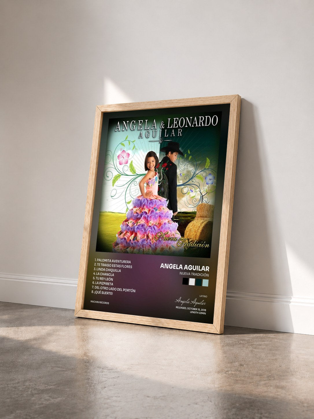 #bois Tableau de l'album Nueva Tradición de Angela Aguilar vu de trois quarts, cadre en bois brut