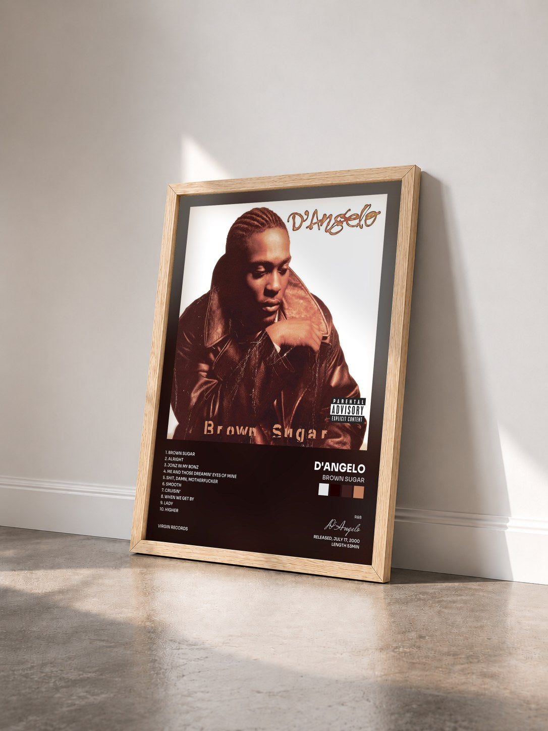 #bois Tableau de l'album Brown Sugar de D'Angelo vu de trois quarts, cadre en bois brut
