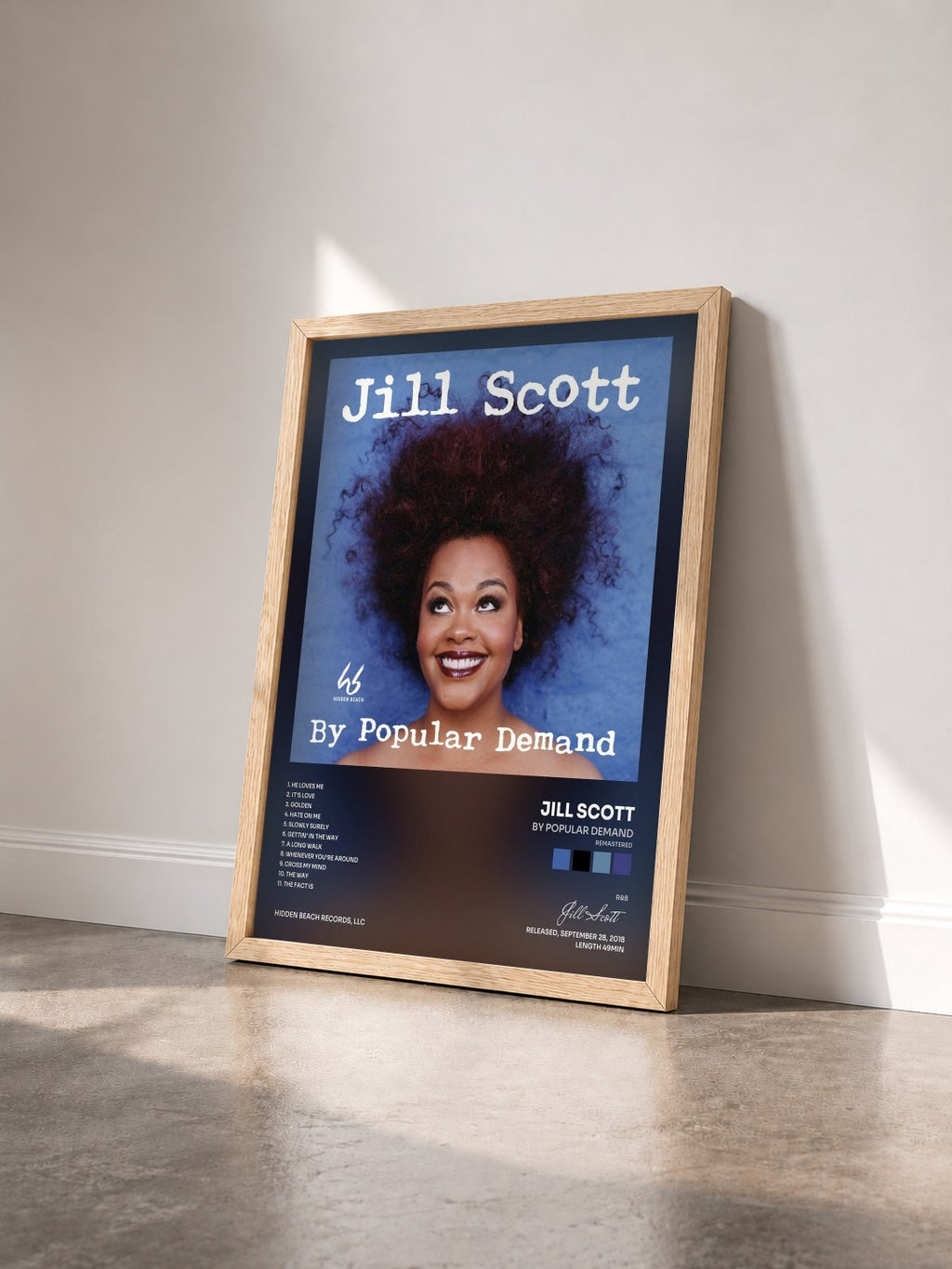 #bois Tableau de l'album By Popular Demand (Remastered) de Jill Scott vu de trois quarts, cadre en bois brut