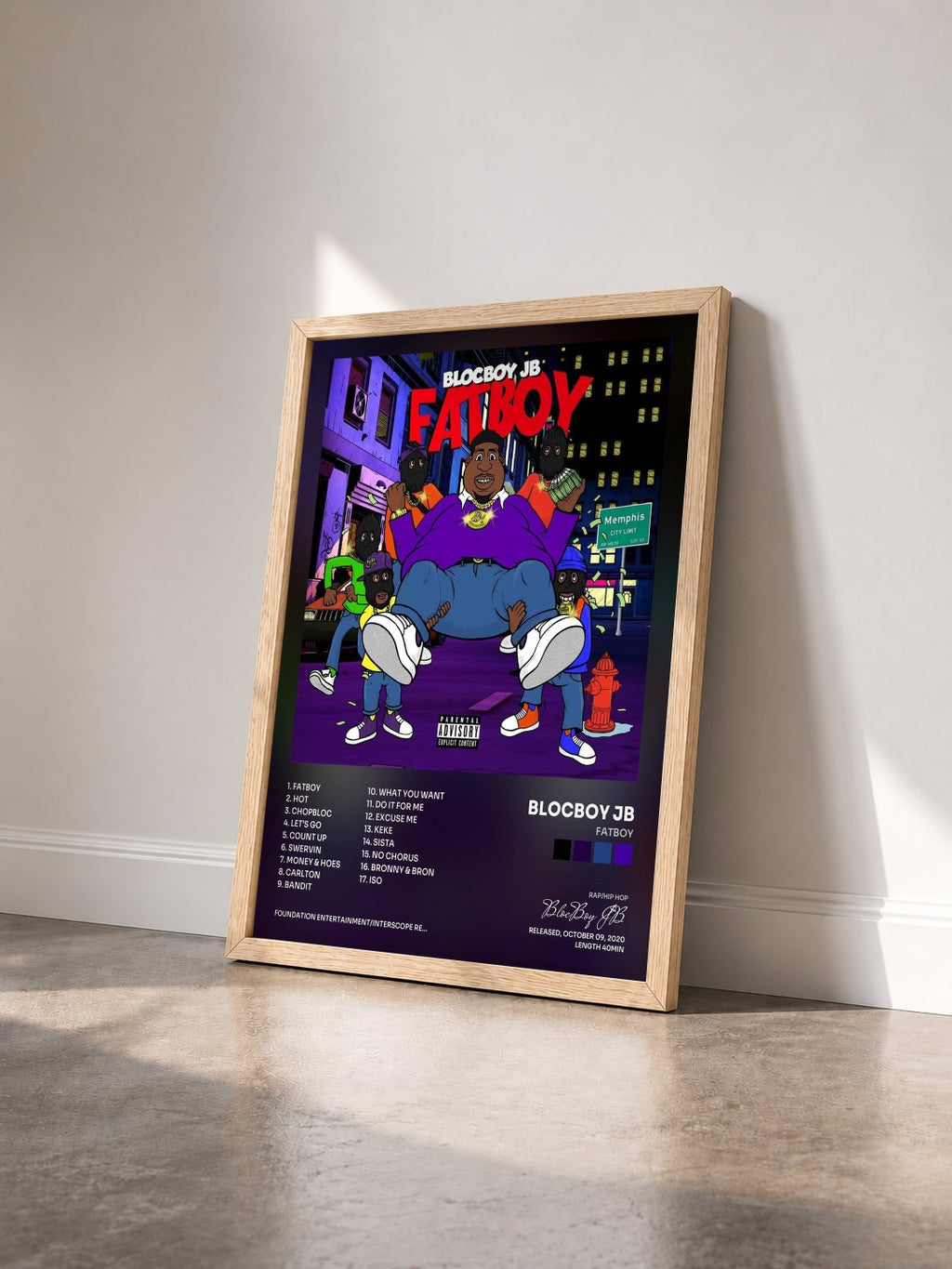 #bois Tableau de l'album FatBoy de BlocBoy JB vu de trois quarts, cadre en bois brut