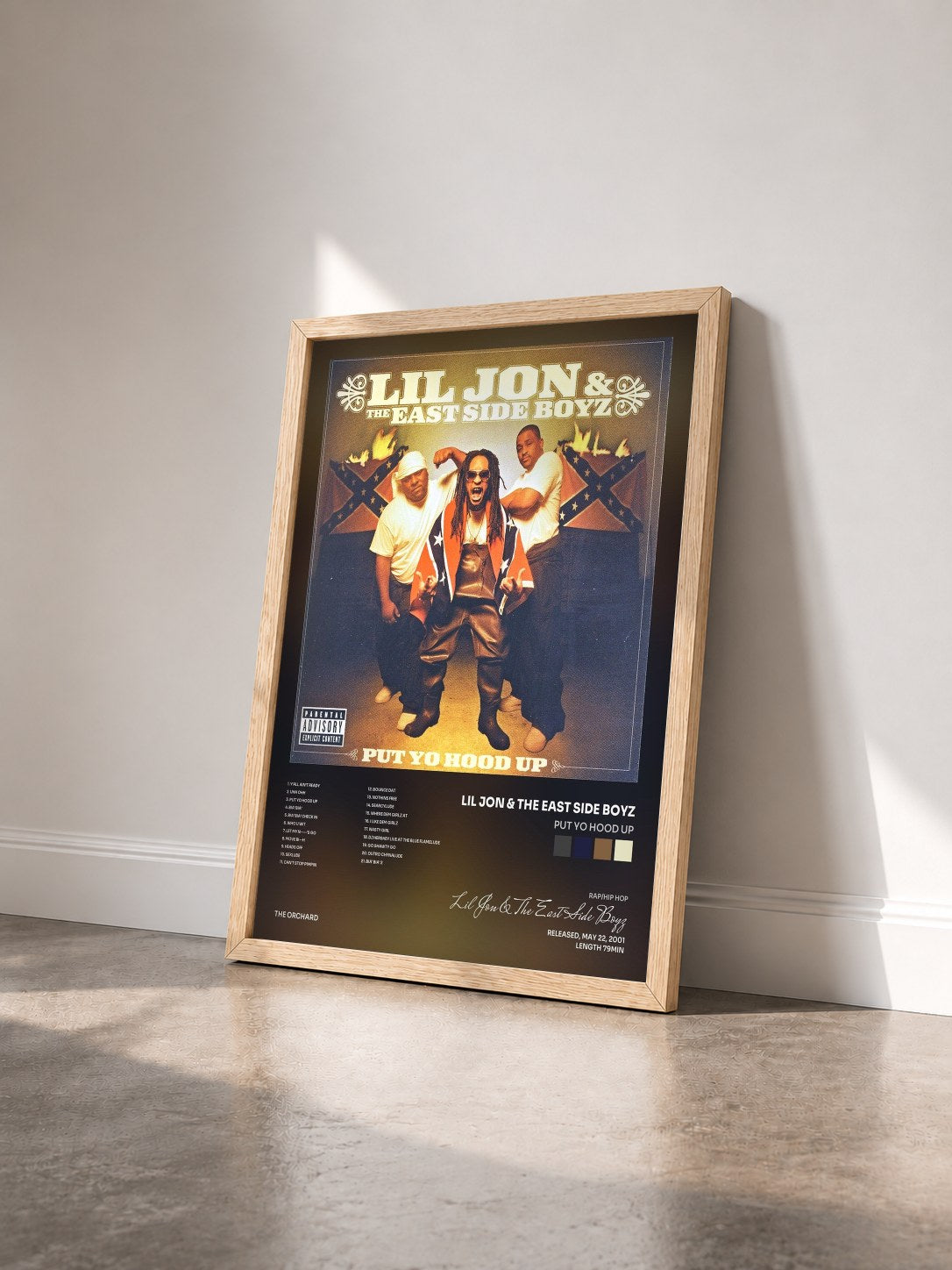 #bois Tableau de l'album Put Yo Hood Up de Lil Jon & The East Side Boyz vu de trois quarts, cadre en bois brut