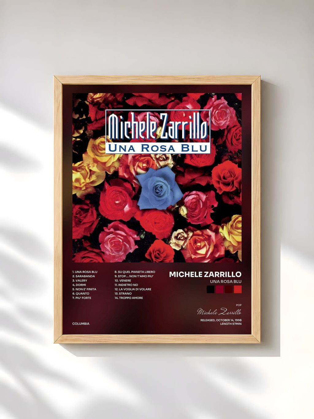 #bois Tableau de l'album Una Rosa Blu de Michele Zarrillo, cadre en bois brut, imprimé et encadré en France