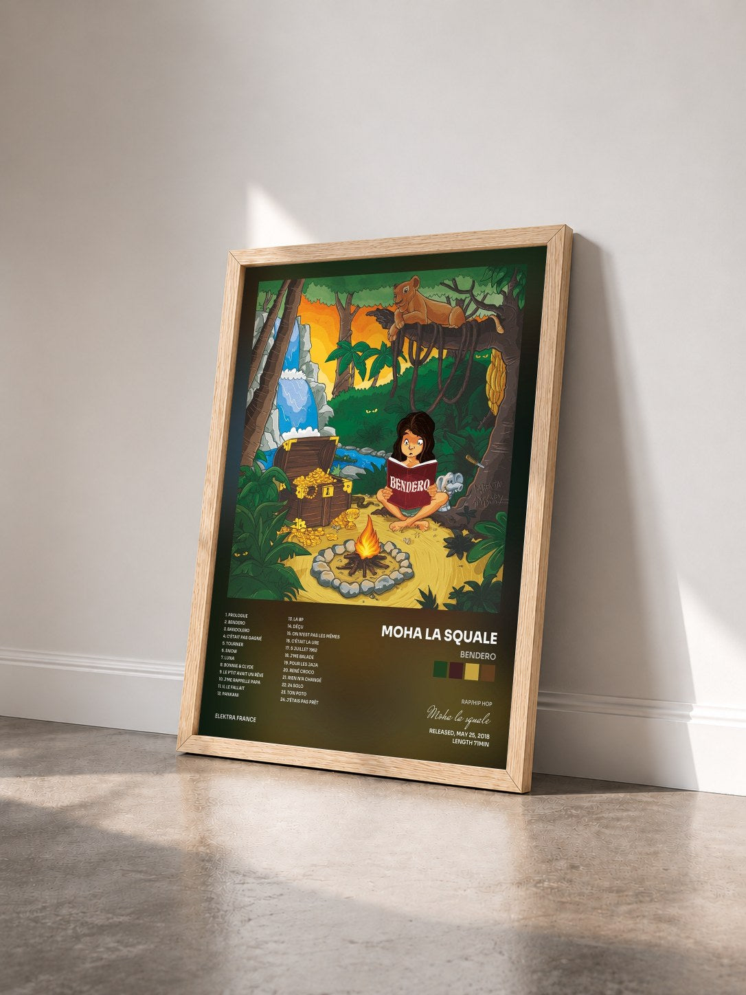 #bois Tableau de l'album Bendero de Moha la squale vu de trois quarts, cadre en bois brut