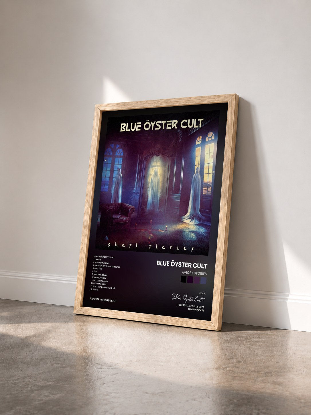 #bois Tableau de l'album Ghost Stories de Blue Öyster Cult vu de trois quarts, cadre en bois brut