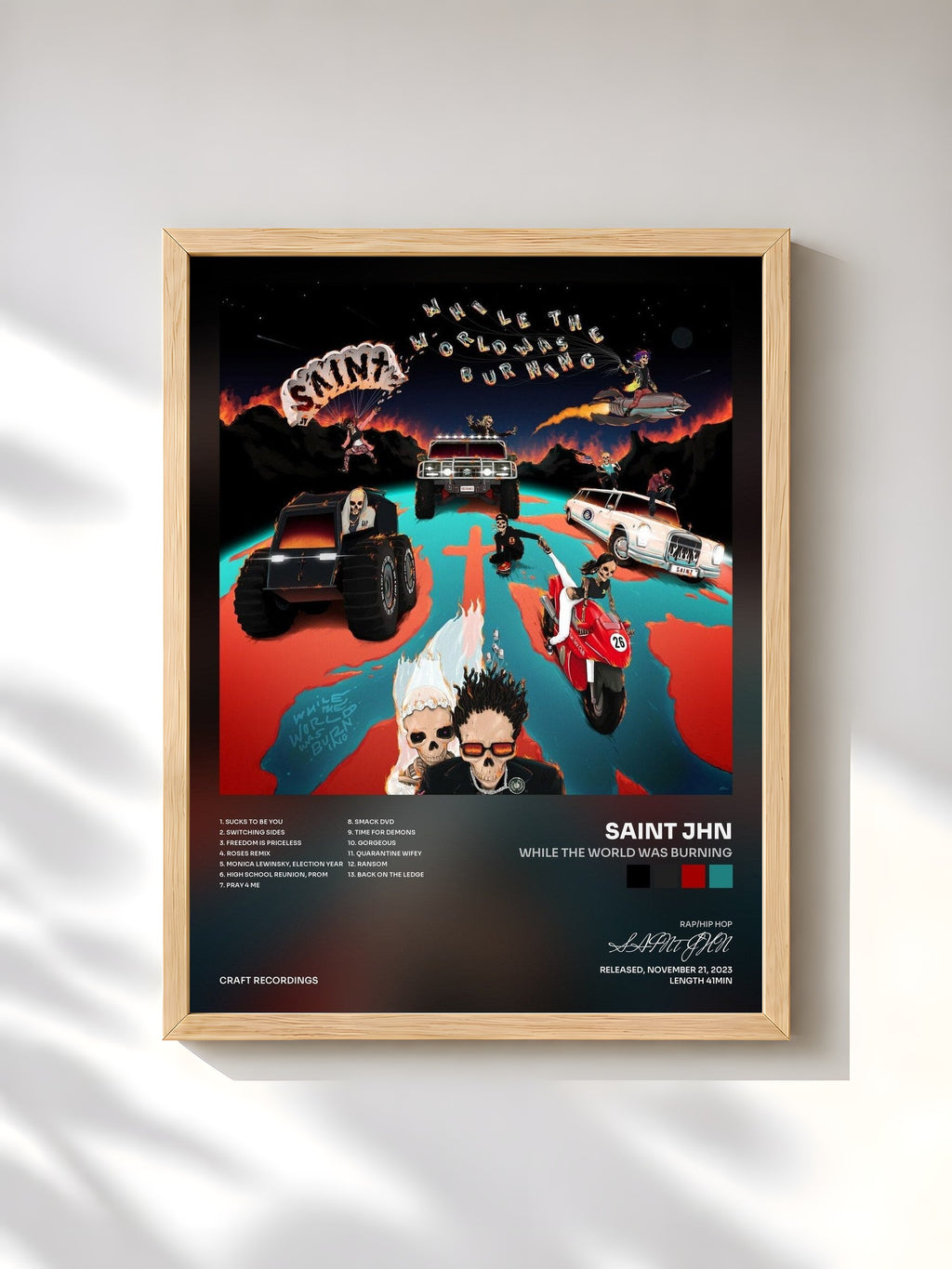 #bois Tableau de l'album While The World Was Burning de SAINt JHN, cadre en bois brut, imprimé et encadré en France