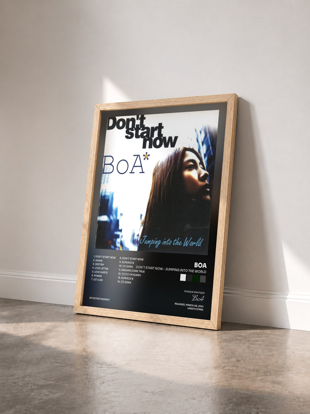 #bois Tableau de l'album Don`t Start Now - Jumping Into The World de BoA vu de trois quarts, cadre en bois brut