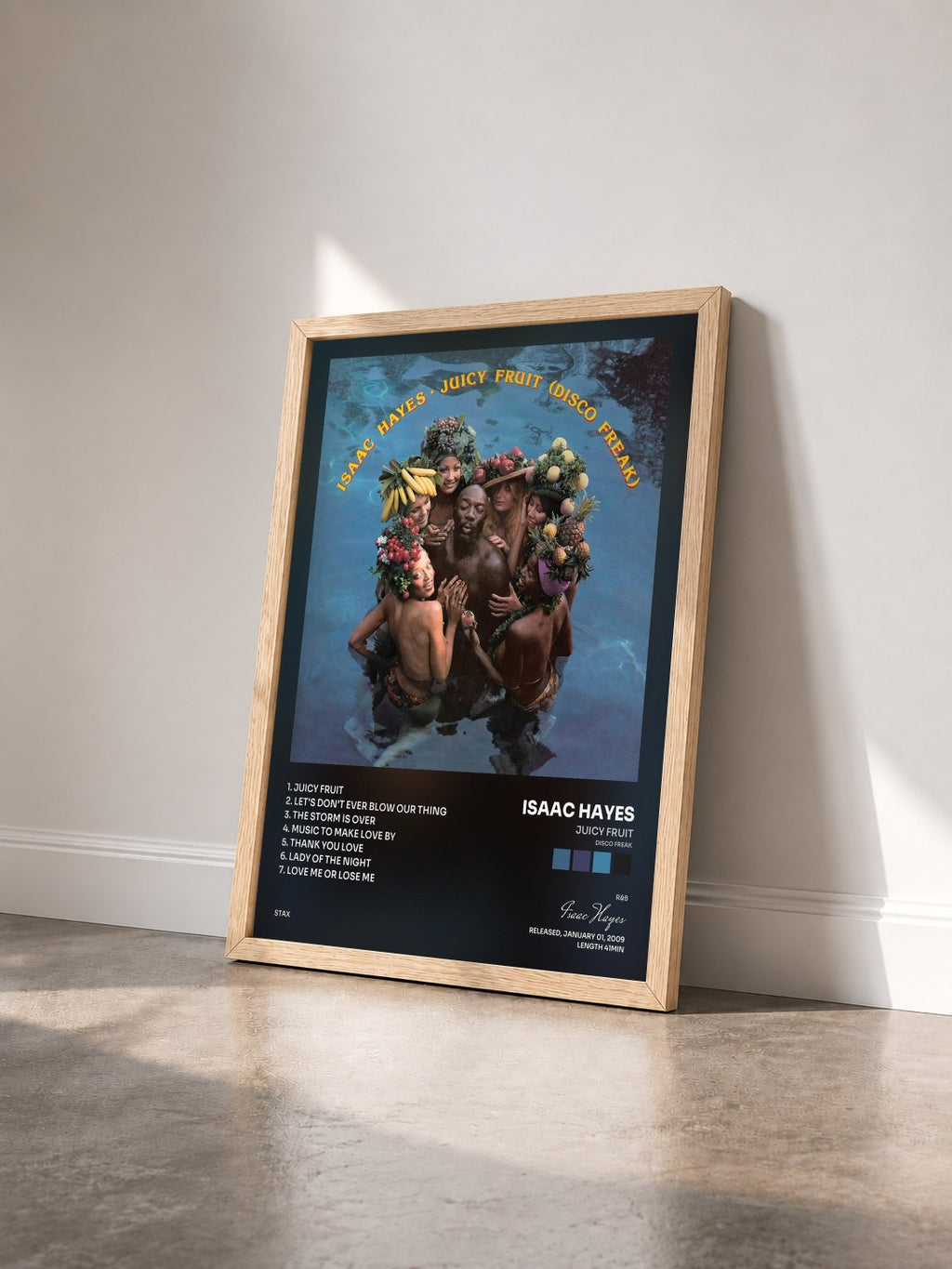 #bois Tableau de l'album Juicy Fruit (Disco Freak) de Isaac Hayes vu de trois quarts, cadre en bois brut