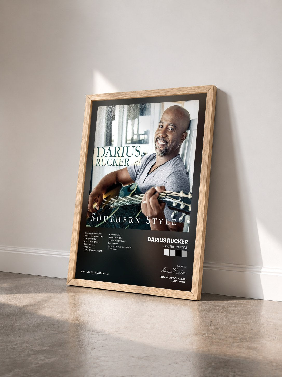 #bois Tableau de l'album Southern Style de Darius Rucker vu de trois quarts, cadre en bois brut