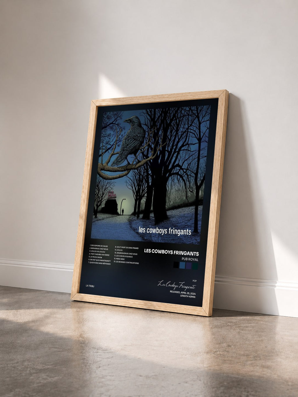 #bois Tableau de l'album Pub Royal de Les Cowboys Fringants vu de trois quarts, cadre en bois brut