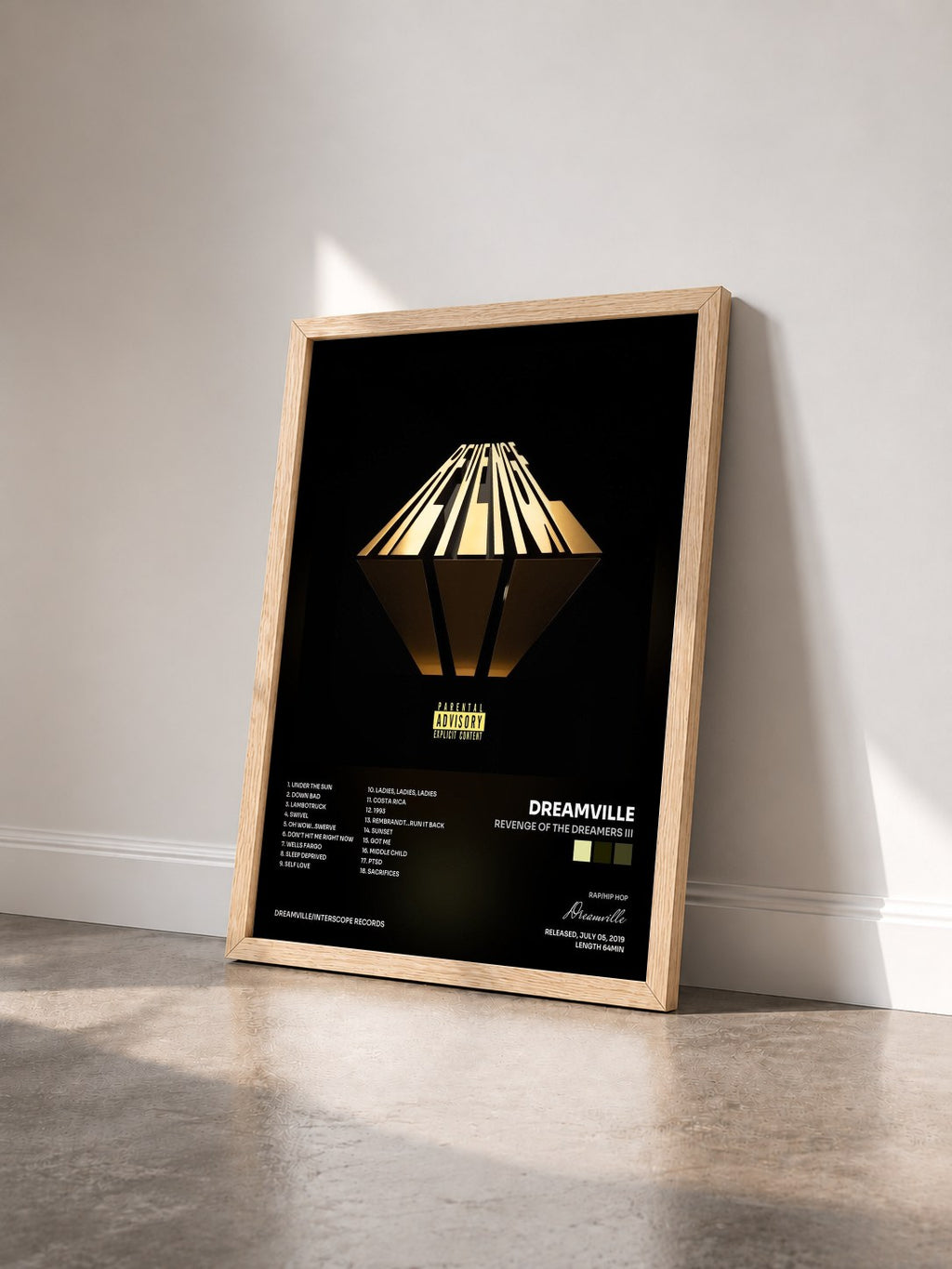 #bois Tableau de l'album Revenge Of The Dreamers III de Dreamville vu de trois quarts, cadre en bois brut