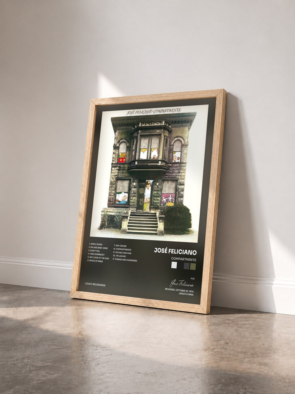 #bois Tableau de l'album Compartments de José Feliciano vu de trois quarts, cadre en bois brut