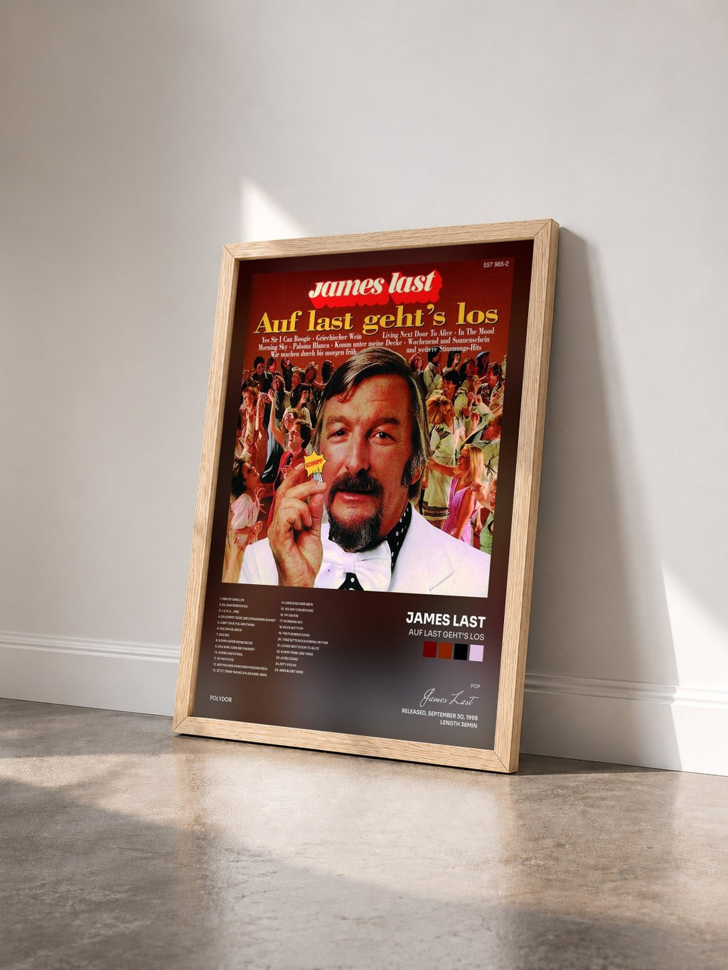#bois Tableau de l'album Auf Last Geht's Los de James Last vu de trois quarts, cadre en bois brut