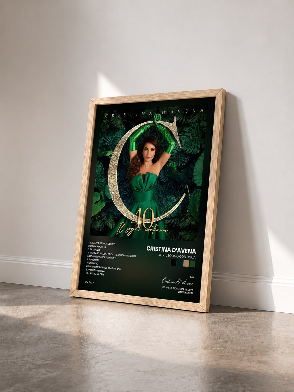 #bois Tableau de l'album 40 - Il Sogno Continua de Cristina D'Avena vu de trois quarts, cadre en bois brut