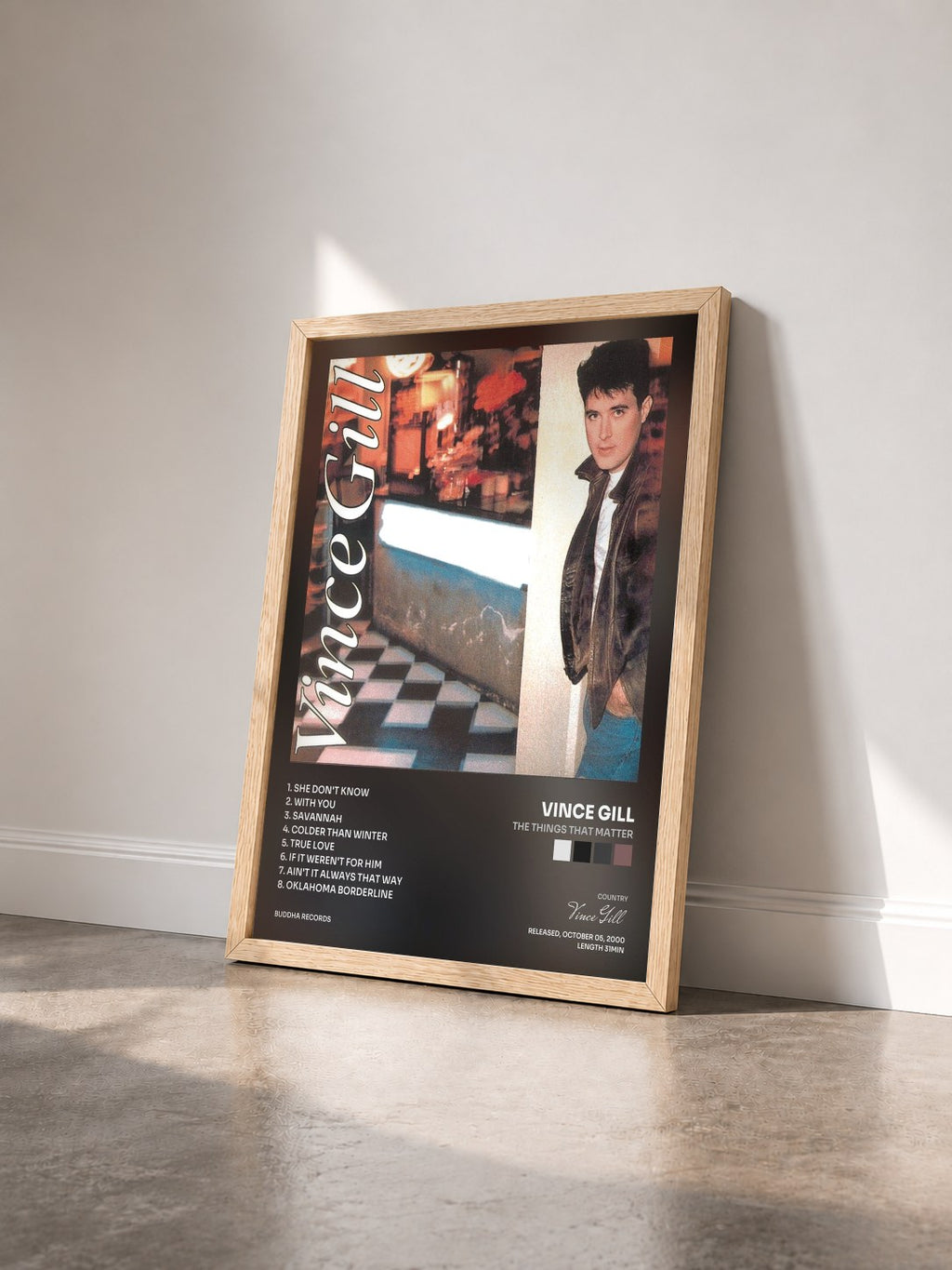 #bois Tableau de l'album The Things That Matter de Vince Gill vu de trois quarts, cadre en bois brut